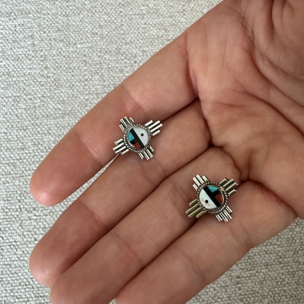 Zuni Style Sunface Sterling Stud Earrings
